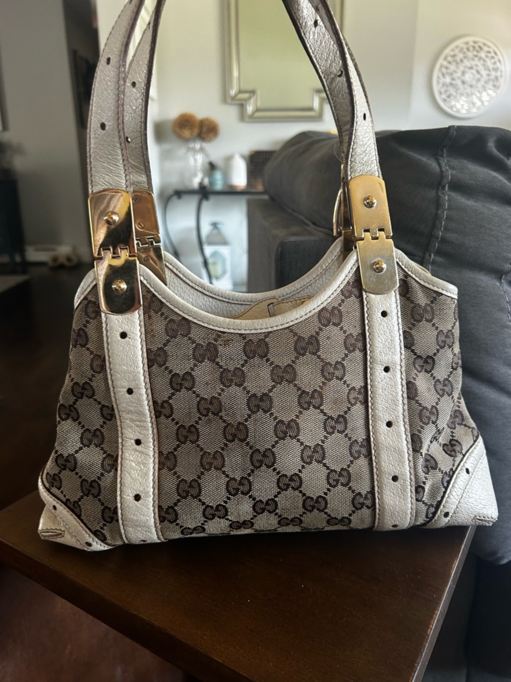 Gucci Beige & White Monogram Canvas Horsebit bag